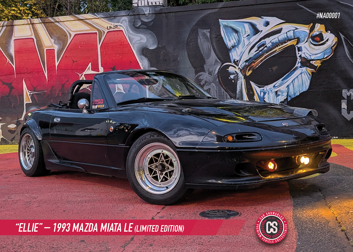 Hero artwork showing a customized 1993 Mazda Miata LE named Ellie.
