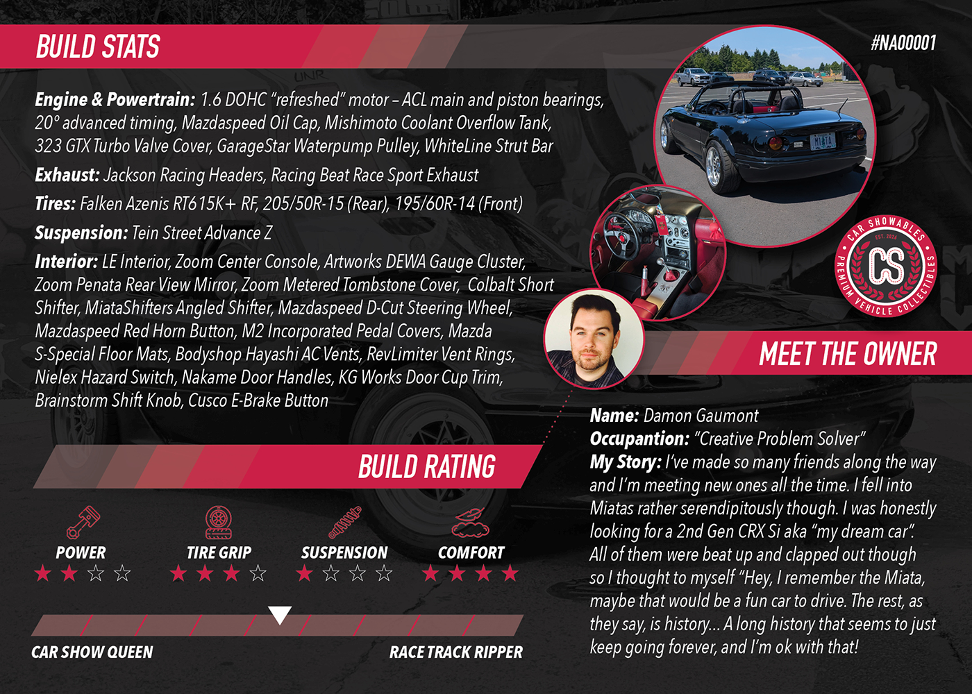 Build data artwork showing vehicle specifications and the owner's story.